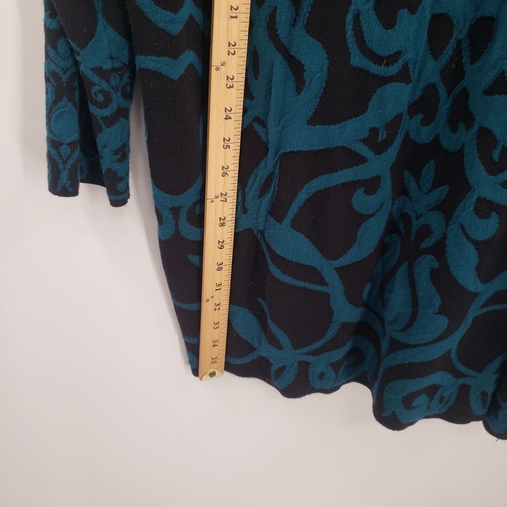 Chico's Scroll Print Sweater Cardigan Womens XL 3 Black Teal Blue Longline Tunic - Picture 8 of 12